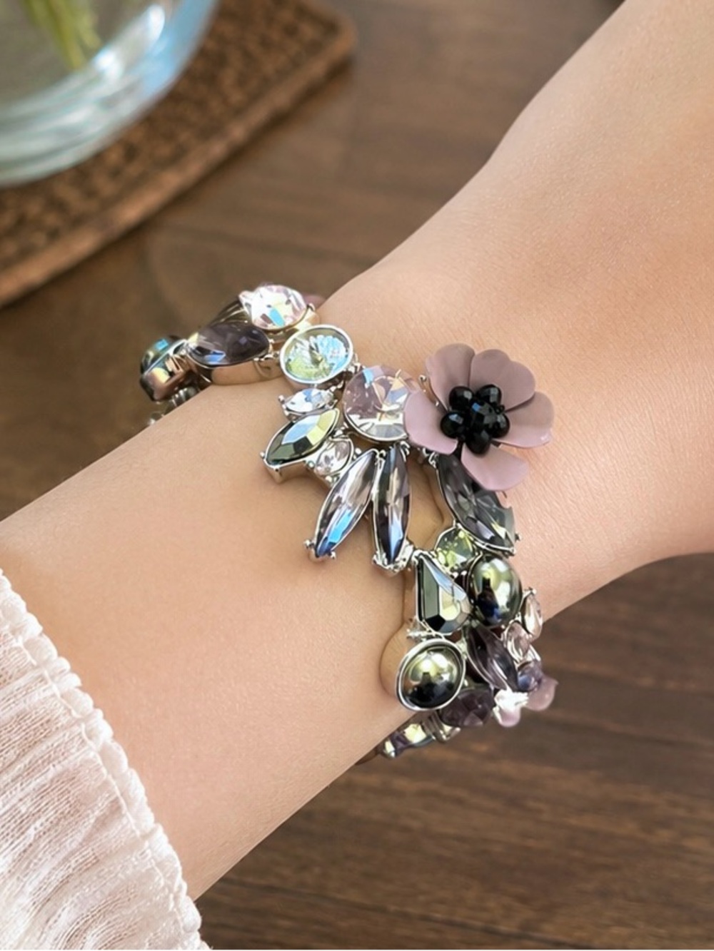 Lavender Floral & Silver Rhinestone Stretchy Bracelet